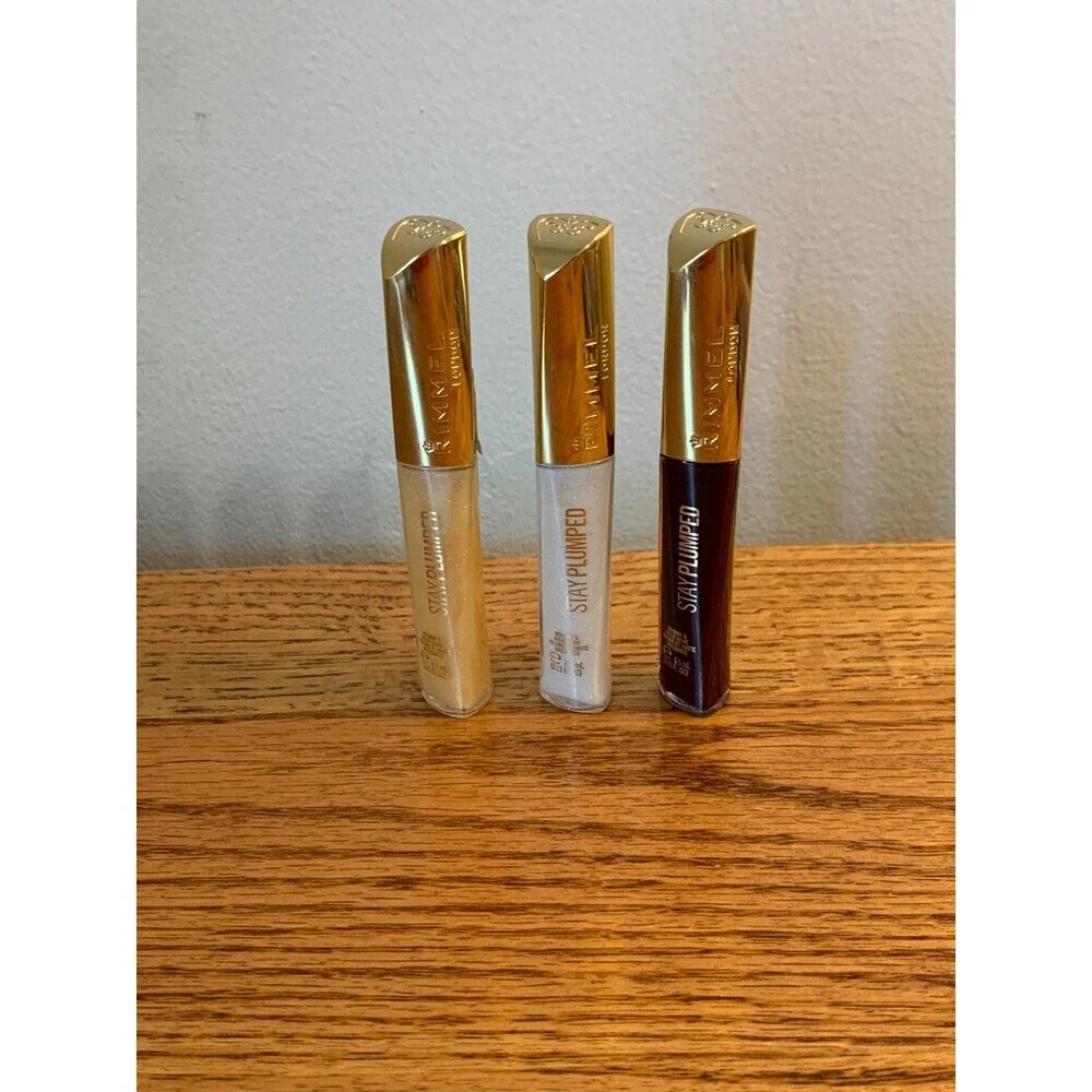 (3) RIMMEL Plumped Lip Gloss 841 Bittersweet Plum 800 Diamond Pop 801 Angel Shim